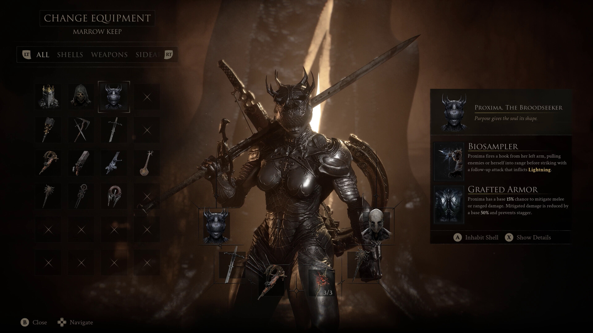 The equipment screen at Marrow Keep: Proxima, the Broodseeker — one of eight possessable shells.